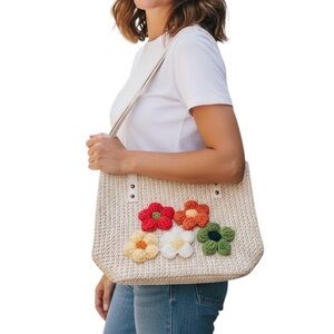 Boho Whimsical Cottagecore Cream Hand-Woven Raffia Tote with Floral Accents